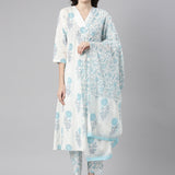Neerus Blue Printed Straight Kurta and Trousers With Dupatta