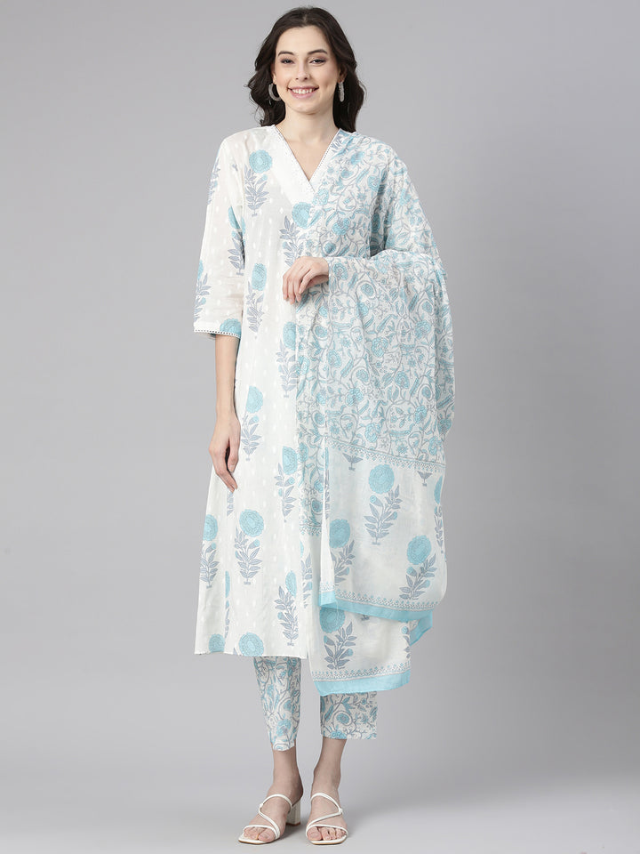 Neerus Blue Printed Straight Kurta and Trousers With Dupatta