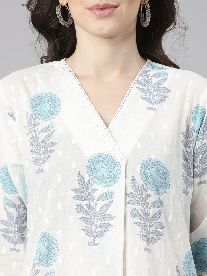 Neerus Blue Printed Straight Kurta and Trousers With Dupatta