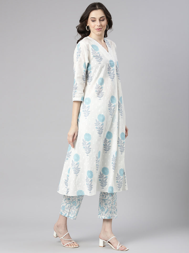 Neerus Blue Printed Straight Kurta and Trousers With Dupatta