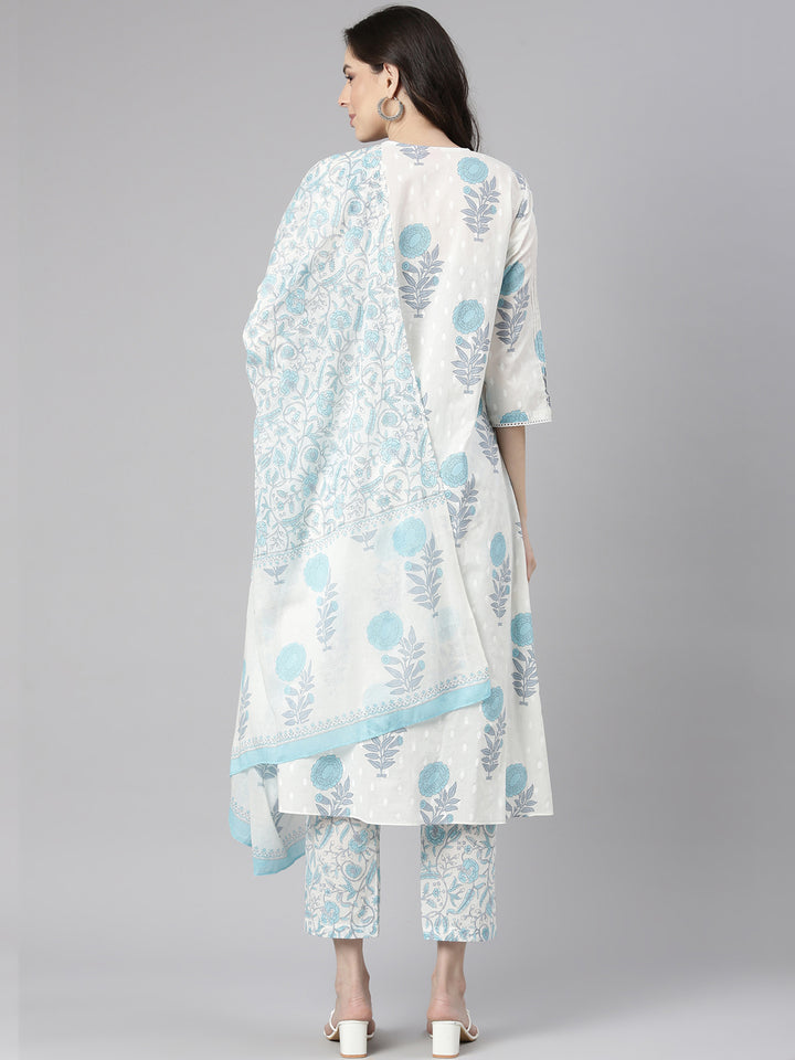 Neerus Blue Printed Straight Kurta and Trousers With Dupatta