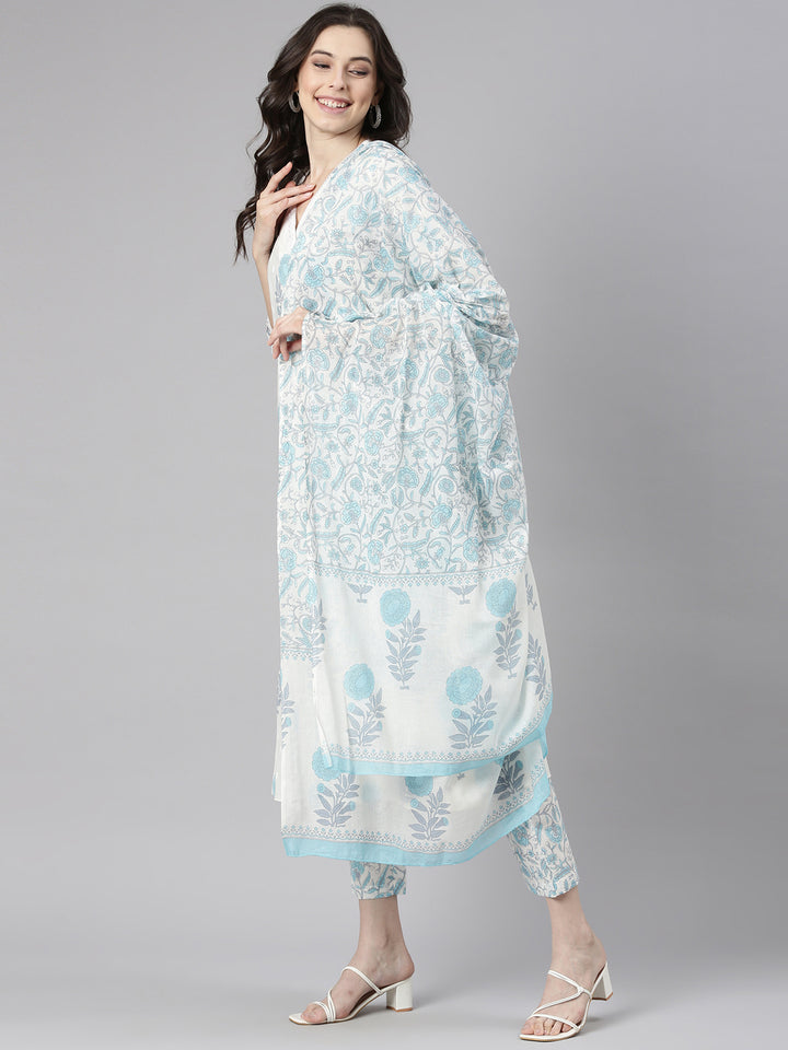 Neerus Blue Printed Straight Kurta and Trousers With Dupatta