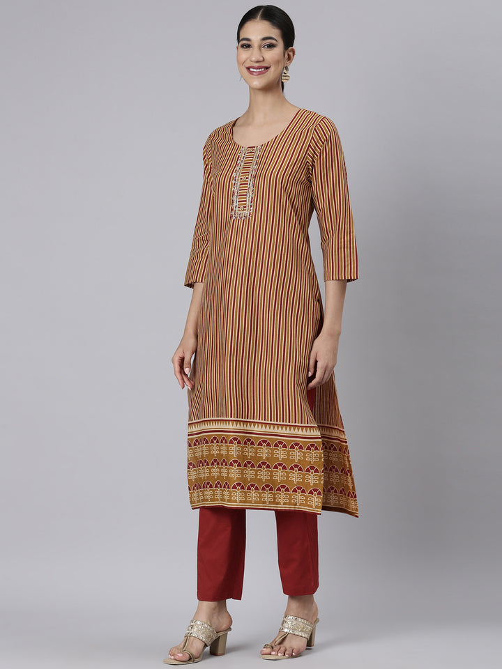 Neerus Brown Casual Printed Straight Kurta and Trousers