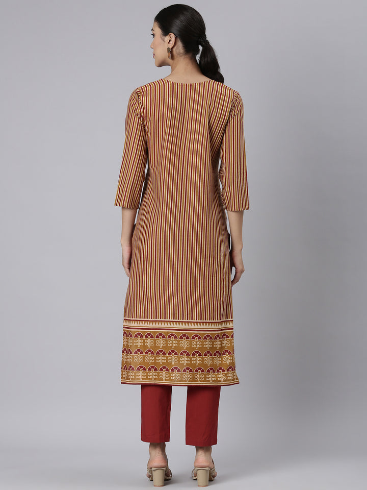 Neerus Brown Casual Printed Straight Kurta and Trousers