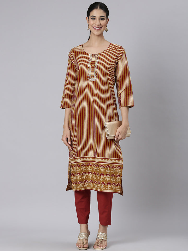 Neerus Brown Casual Printed Straight Kurta and Trousers