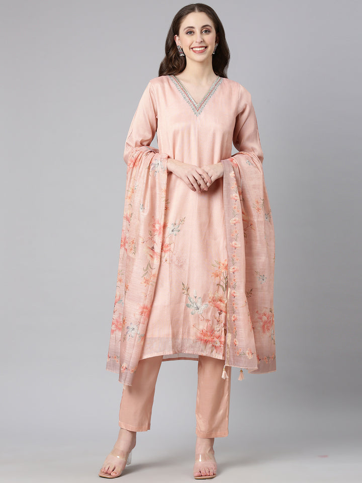 Neerus Peach Printed Straight Kurta and Trousers With Dupatta