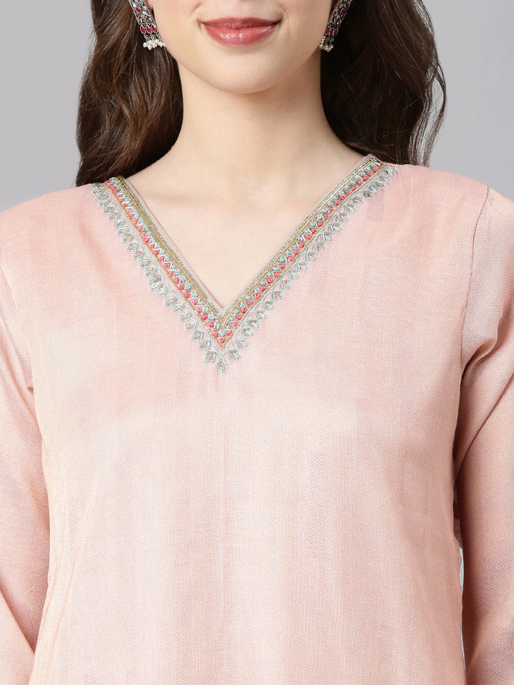 Neerus Peach Printed Straight Kurta and Trousers With Dupatta