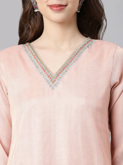 Neerus Peach Printed Straight Kurta and Trousers With Dupatta