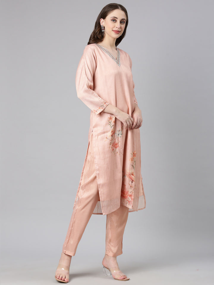 Neerus Peach Printed Straight Kurta and Trousers With Dupatta