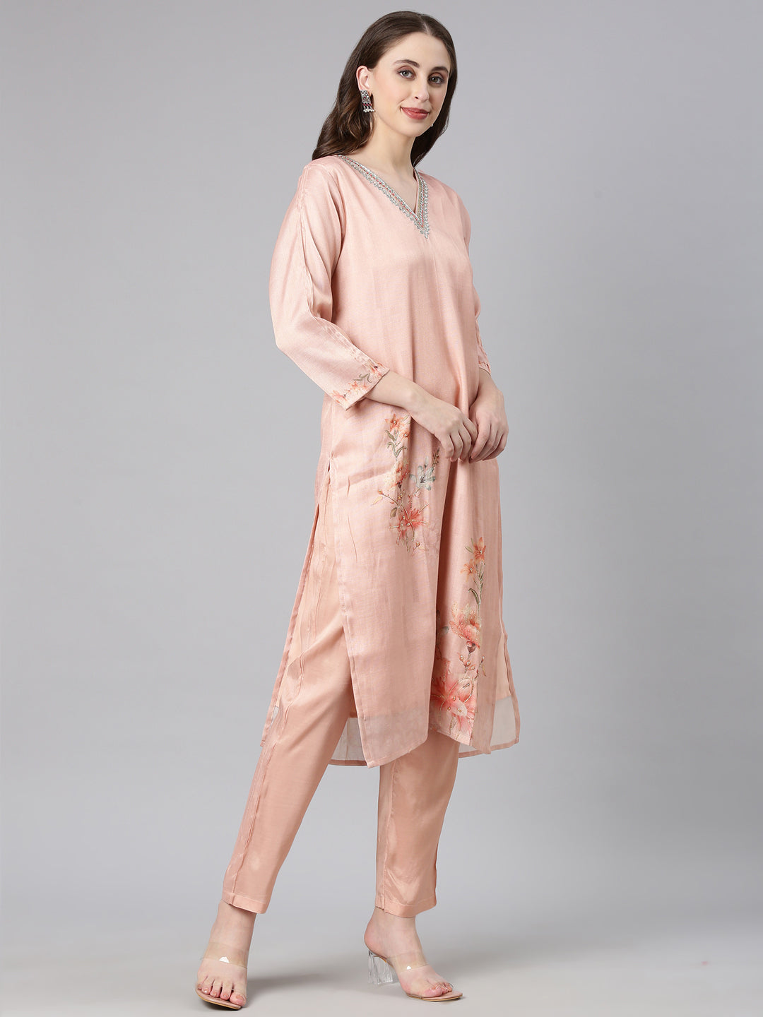 Neerus Peach Printed Straight Kurta and Trousers With Dupatta