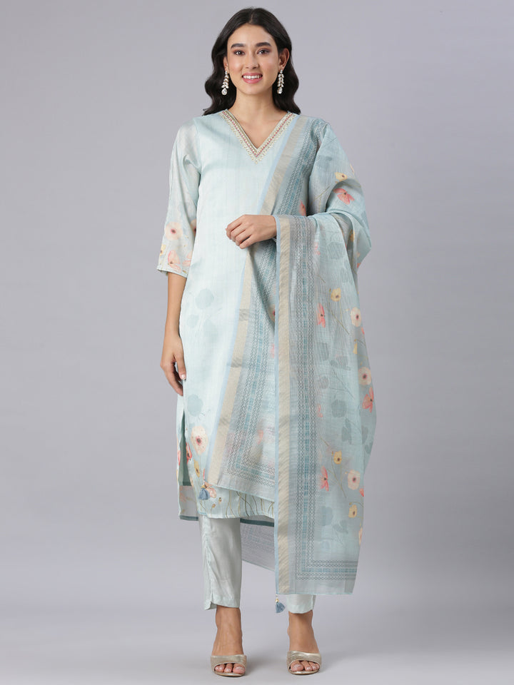 Neerus Blue Printed Straight Kurta And Trousers With Dupatta
