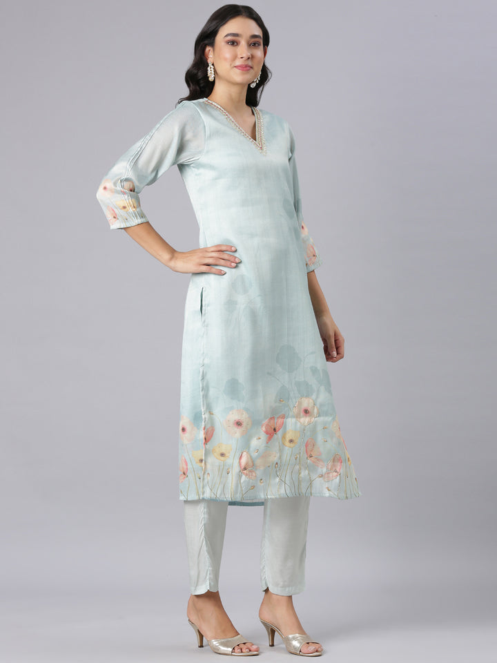 Neerus Blue Printed Straight Kurta And Trousers With Dupatta