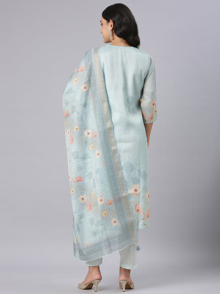 Neerus Blue Printed Straight Kurta And Trousers With Dupatta