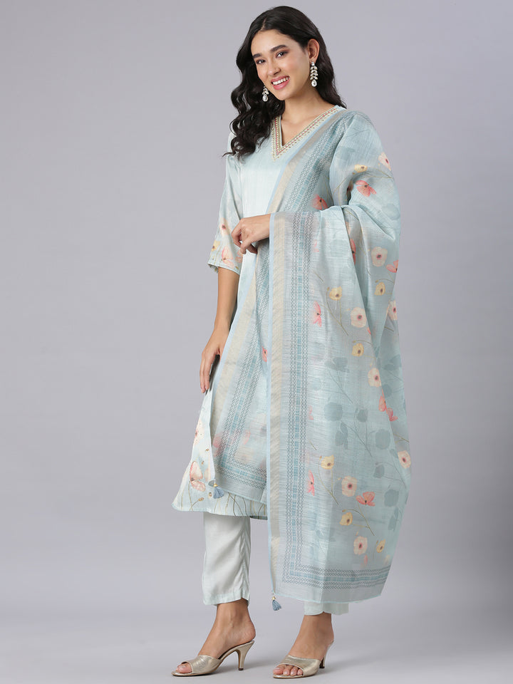 Neerus Blue Printed Straight Kurta And Trousers With Dupatta