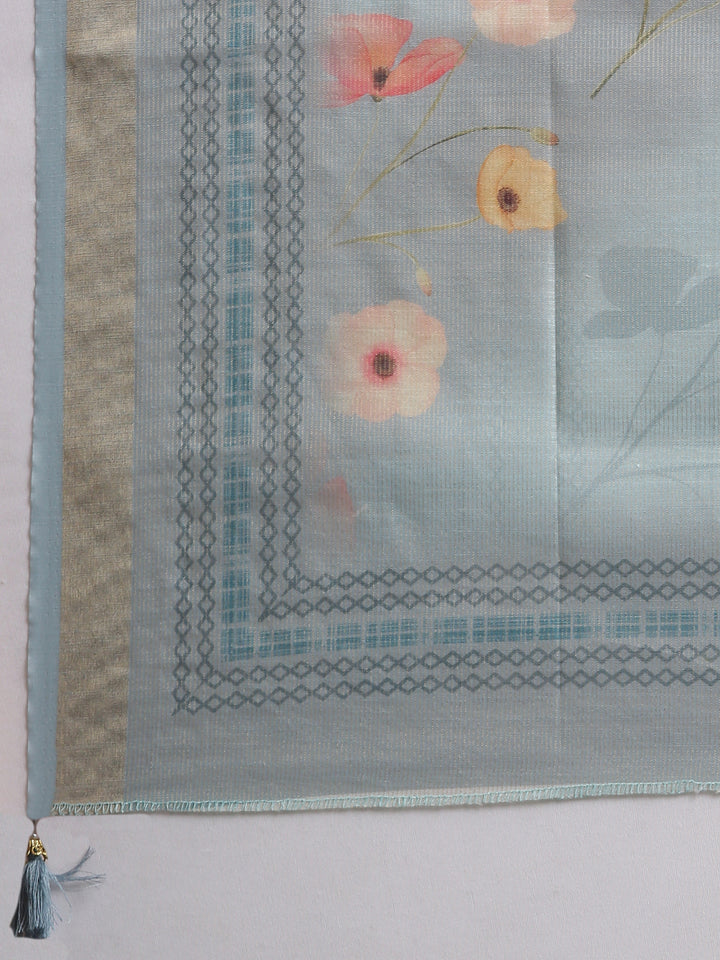 Neerus Blue Printed Straight Kurta And Trousers With Dupatta