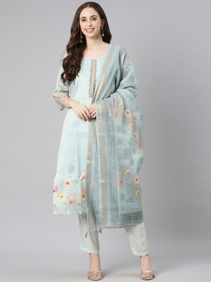 Neerus Mint Printed Straight Kurta and Trousers With Dupatta