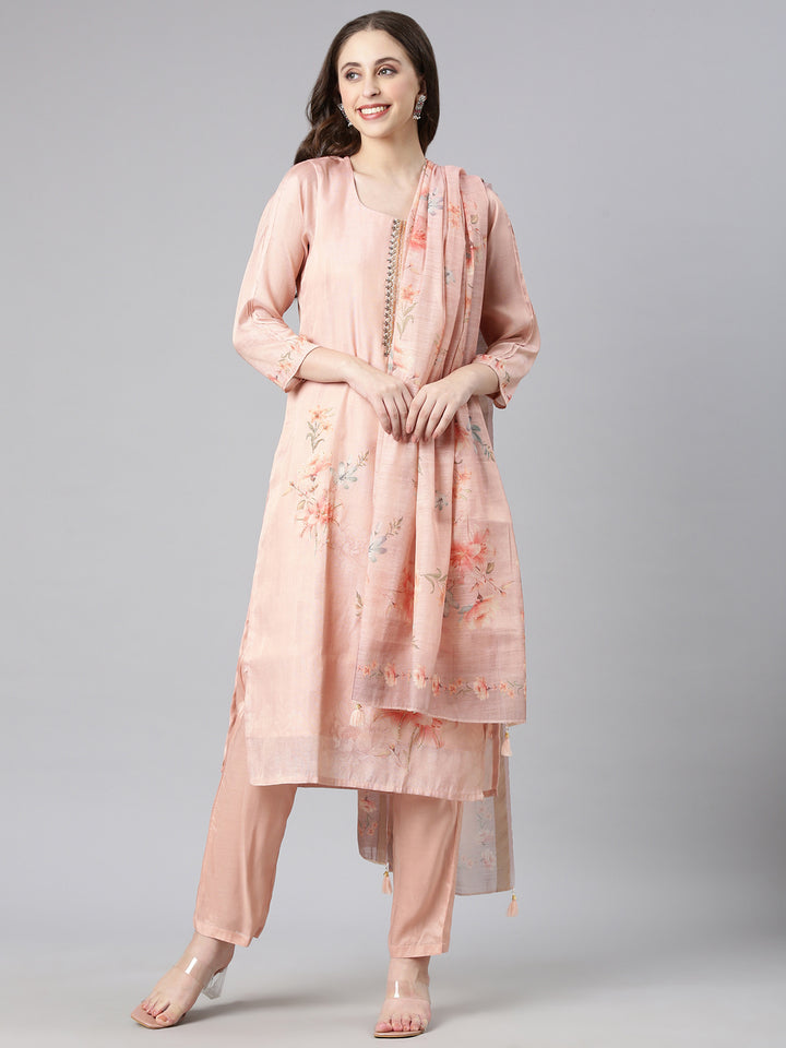Neerus Peach Printed Straight Kurta and Trousers With Dupatta