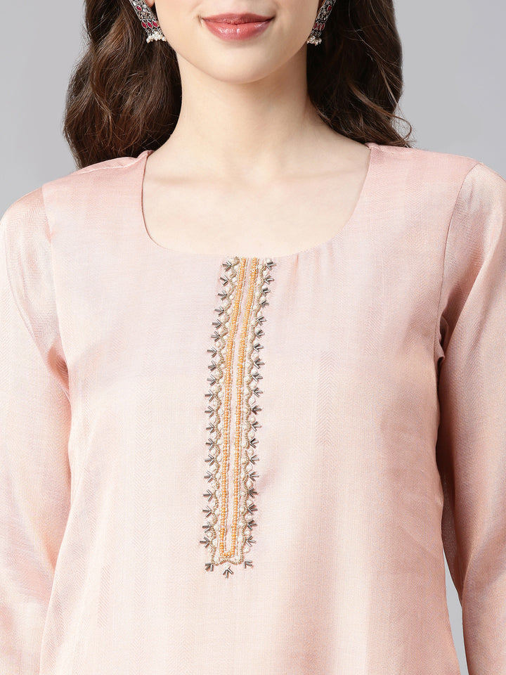Neerus Peach Printed Straight Kurta and Trousers With Dupatta