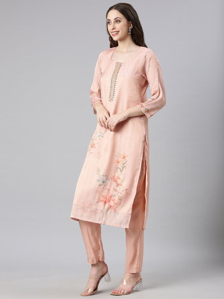 Neerus Peach Printed Straight Kurta and Trousers With Dupatta