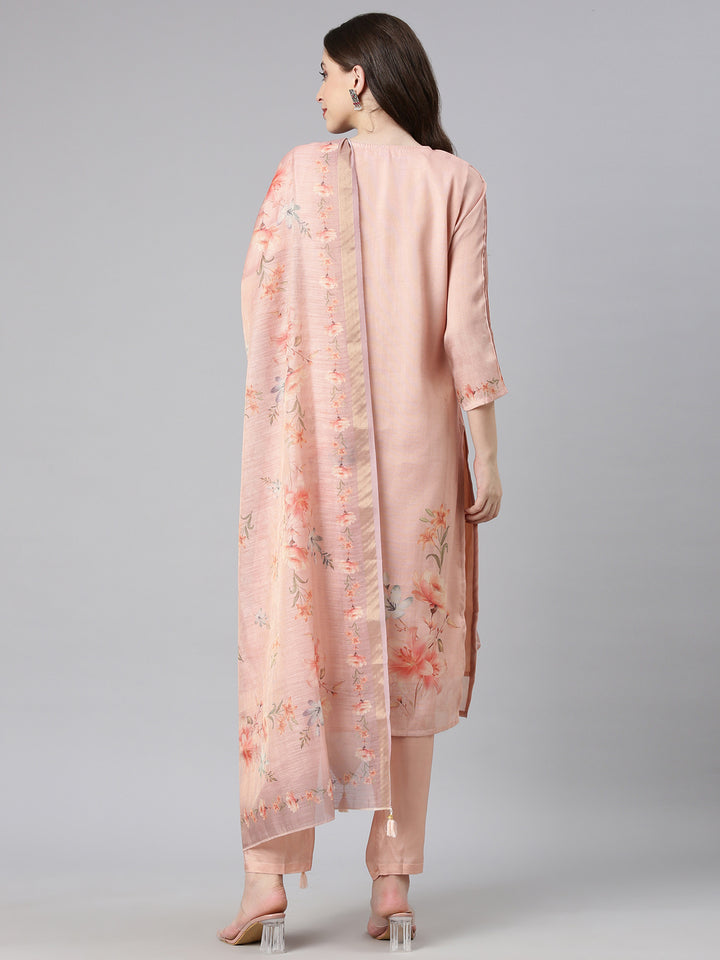 Neerus Peach Printed Straight Kurta and Trousers With Dupatta