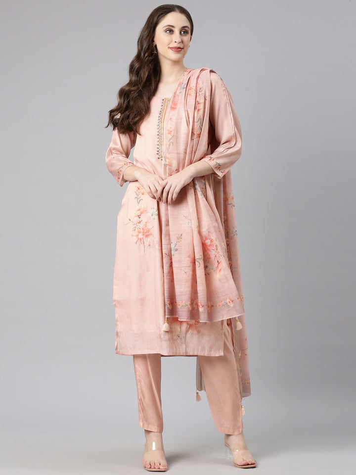 Neerus Peach Printed Straight Kurta and Trousers With Dupatta