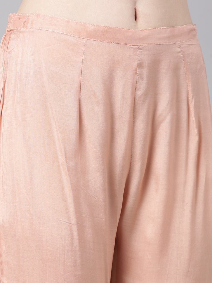 Neerus Peach Printed Straight Kurta and Trousers With Dupatta