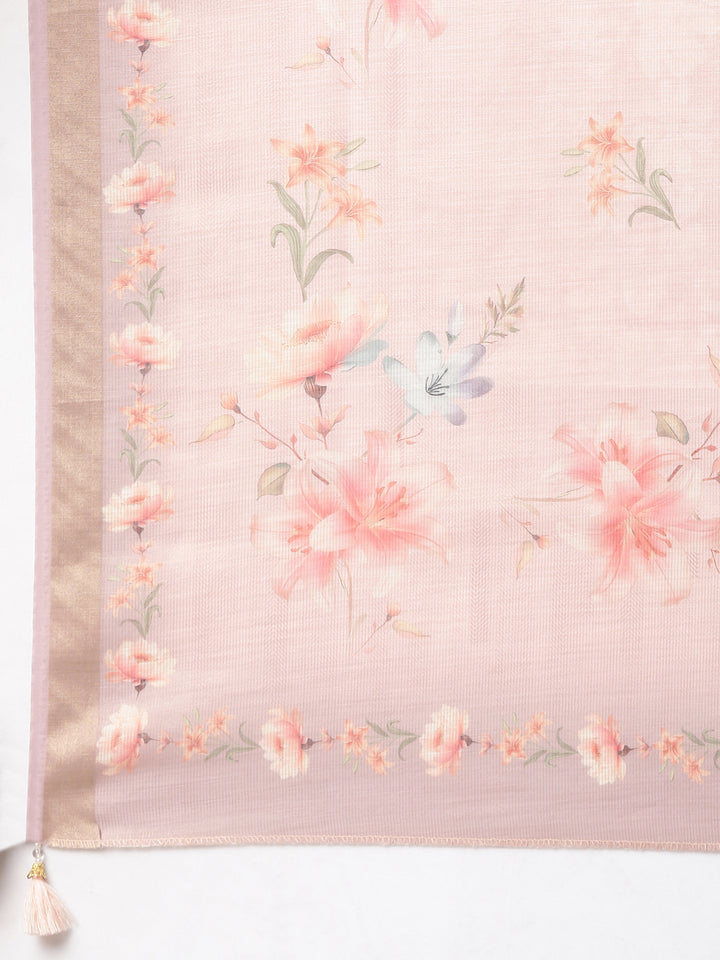 Neerus Peach Printed Straight Kurta and Trousers With Dupatta