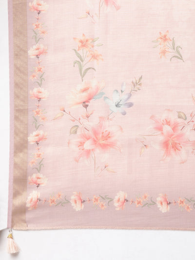 Neerus Peach Printed Straight Kurta and Trousers With Dupatta