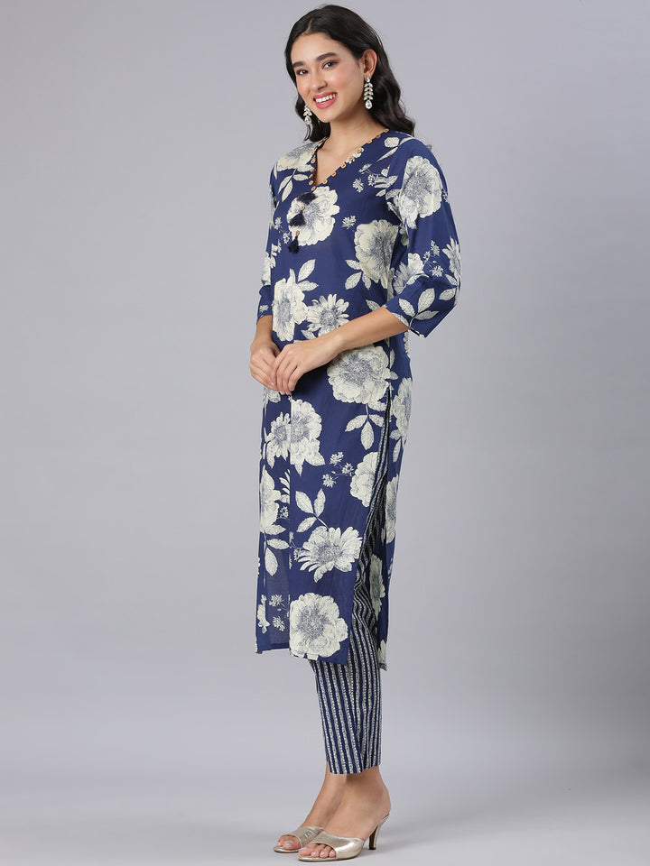 Neerus Blue Printed Straight Kurta And Trousers With Dupatta