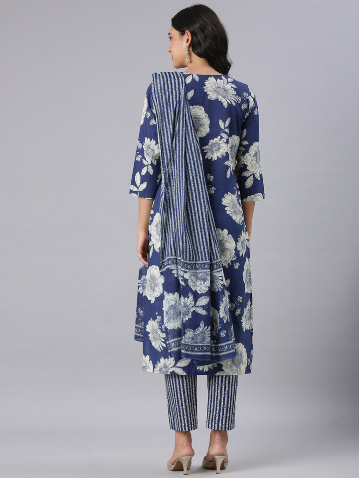Neerus Blue Printed Straight Kurta And Trousers With Dupatta