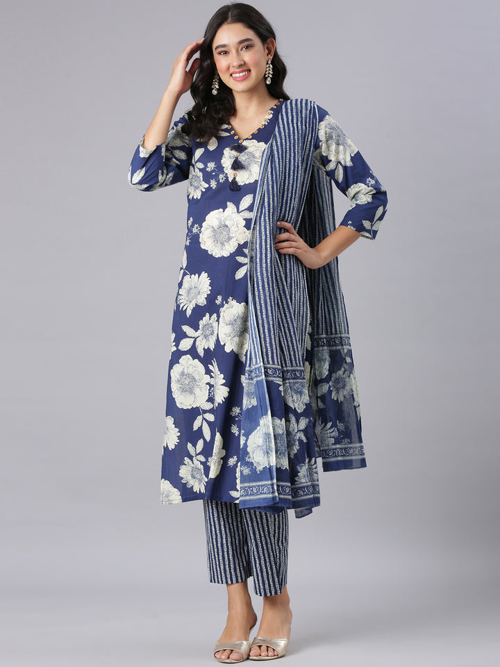 Neerus Blue Printed Straight Kurta And Trousers With Dupatta