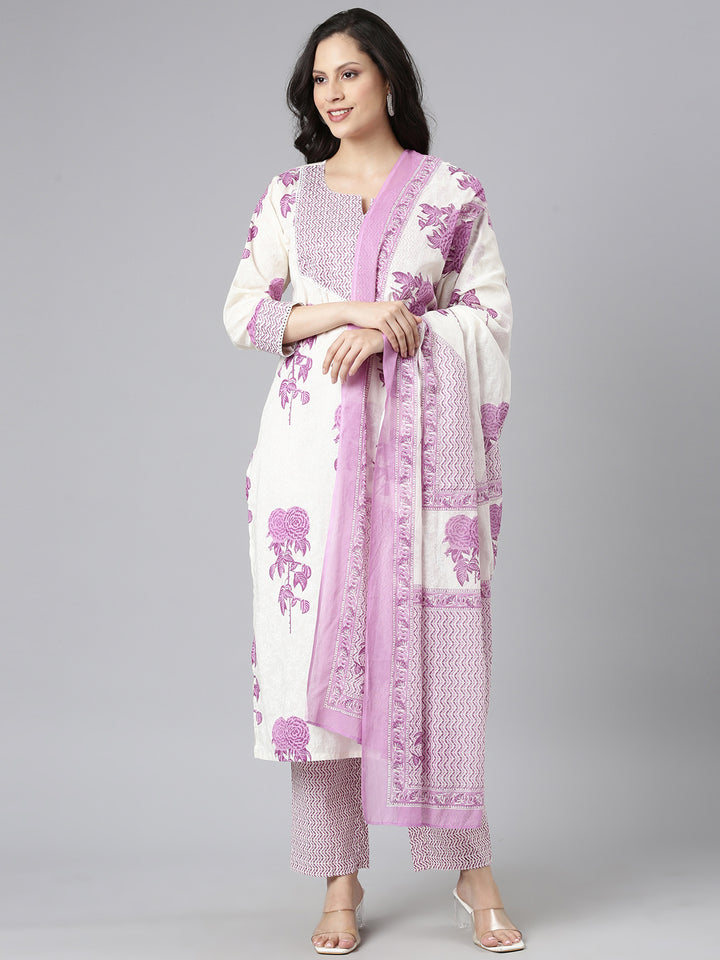 Neerus Purple Printed Straight Kurta and Trousers With Dupatta