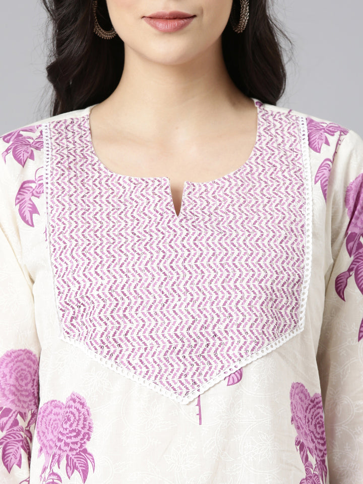 Neerus Purple Printed Straight Kurta and Trousers With Dupatta