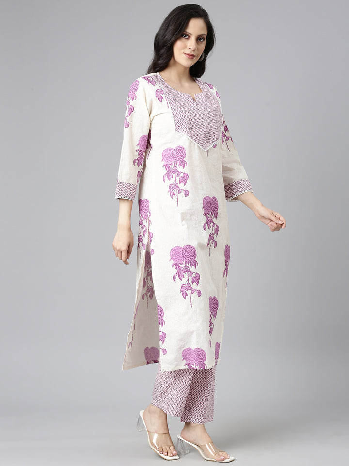 Neerus Purple Printed Straight Kurta and Trousers With Dupatta