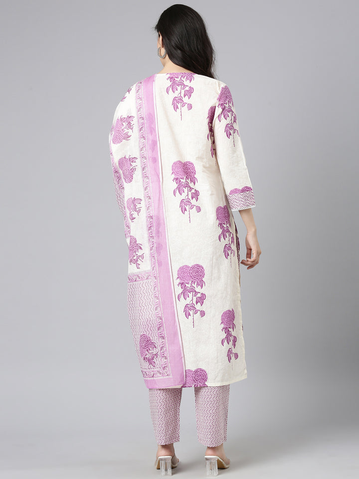 Neerus Purple Printed Straight Kurta and Trousers With Dupatta