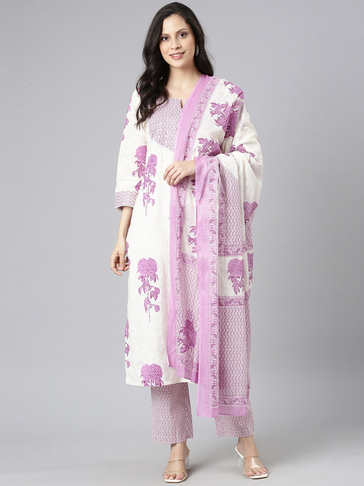 Neerus Purple Printed Straight Kurta and Trousers With Dupatta