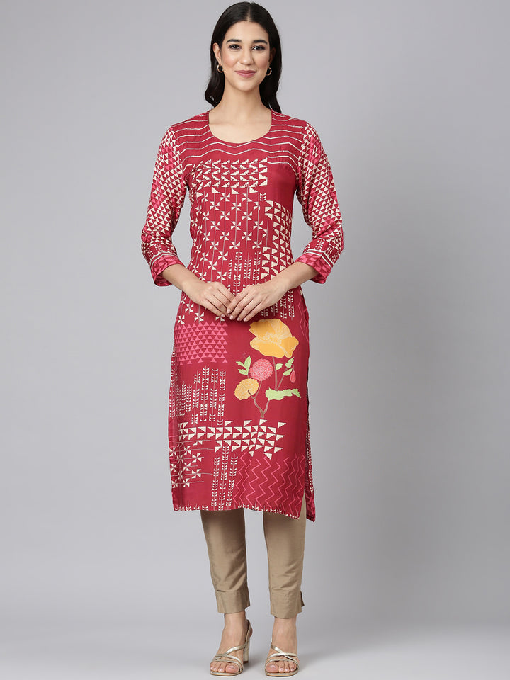 Neerus Maroon Casual Tribal Straight Kurtas