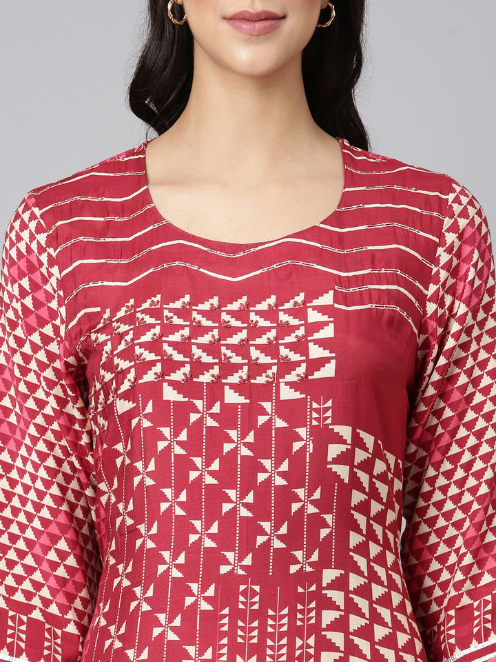 Neerus Maroon Casual Tribal Straight Kurtas