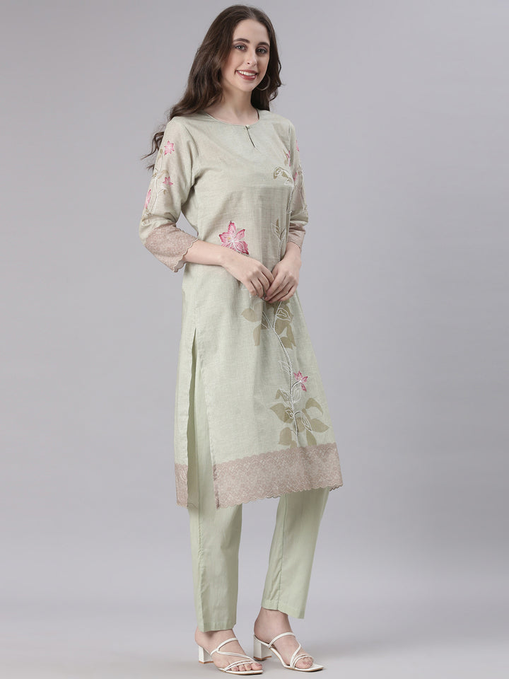 Neerus Green Solid Straight Kurta and Trousers With Dupatta