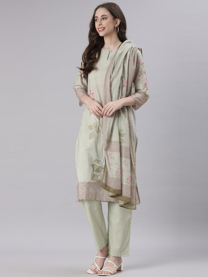Neerus Green Solid Straight Kurta and Trousers With Dupatta