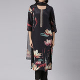 Neerus Black Solid Straight Kurta and Trousers With Dupatta