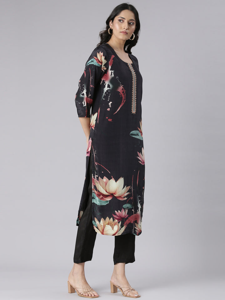Neerus Black Solid Straight Kurta and Trousers With Dupatta