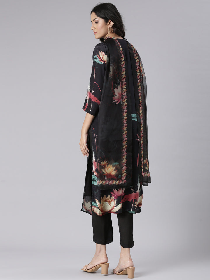 Neerus Black Solid Straight Kurta and Trousers With Dupatta