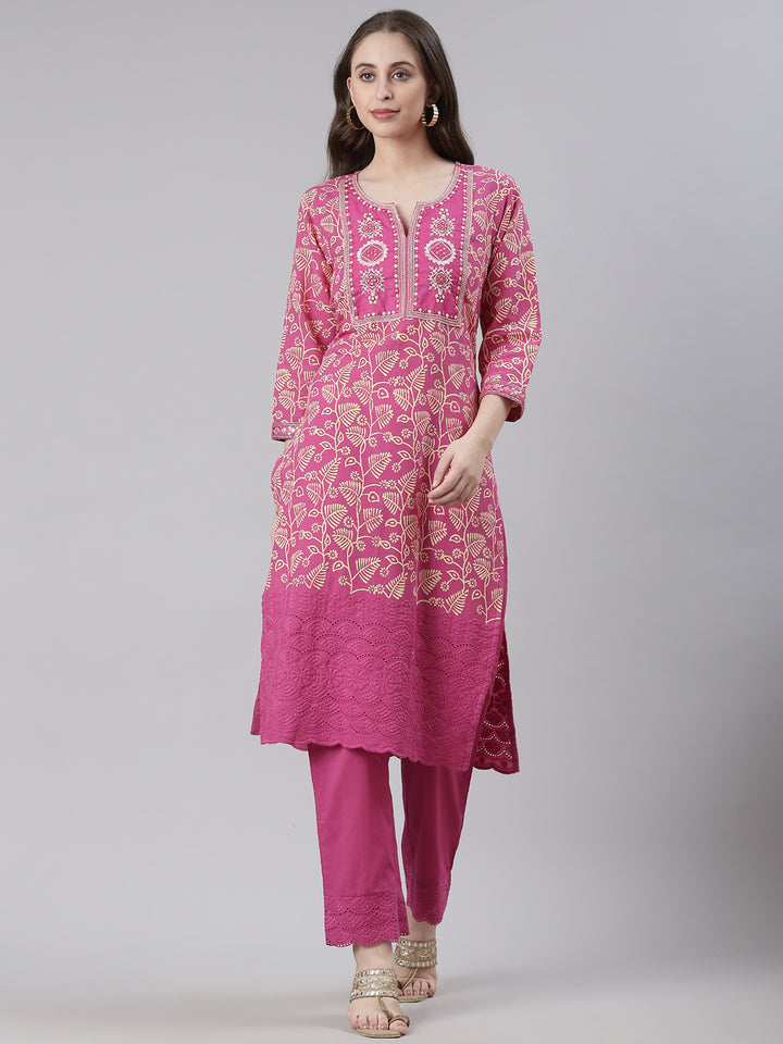 Neerus Magenta Printed Straight Kurta and Trousers