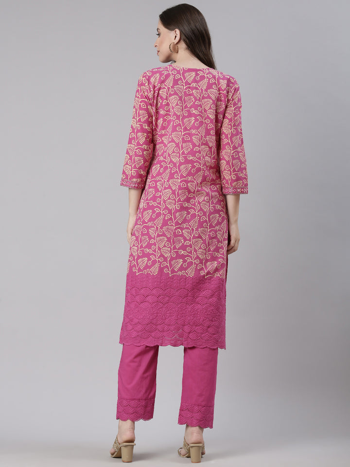 Neerus Magenta Printed Straight Kurta and Trousers