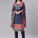 Neerus Navy Blue Printed Straight Kurta and Trousers With Dupatta