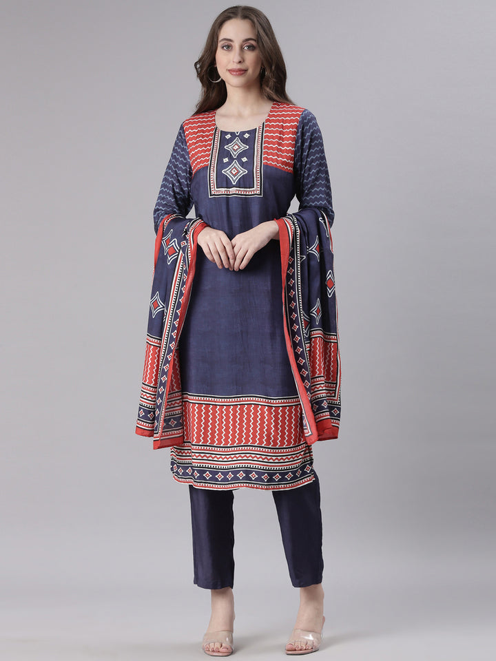Neerus Navy Blue Printed Straight Kurta and Trousers With Dupatta