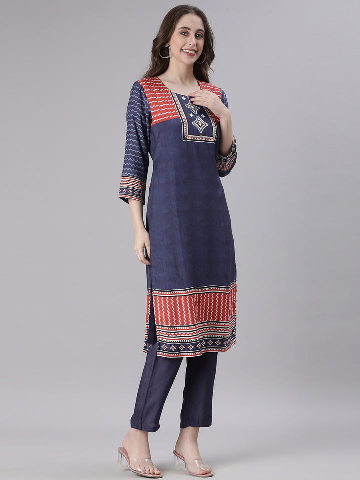 Neerus Navy Blue Printed Straight Kurta and Trousers With Dupatta