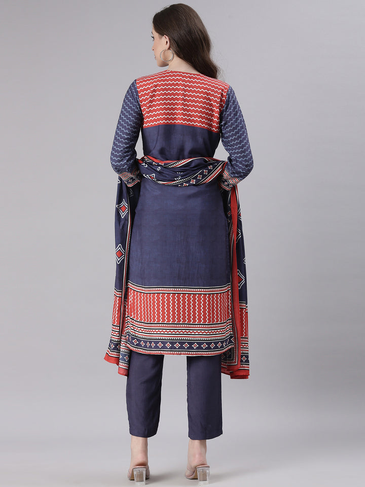 Neerus Navy Blue Printed Straight Kurta and Trousers With Dupatta