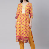 Neerus Mustard Printed Straight Kurta and Trousers